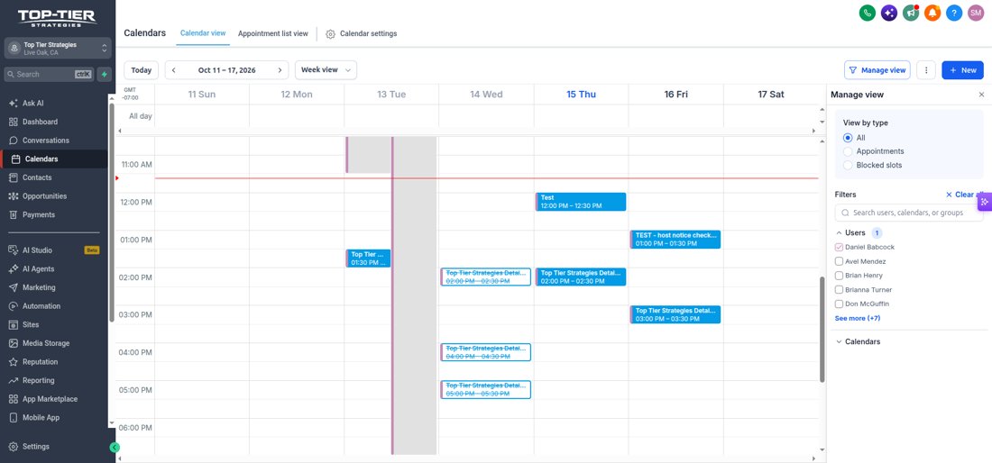 The Calendars page in HighLevel with the New button