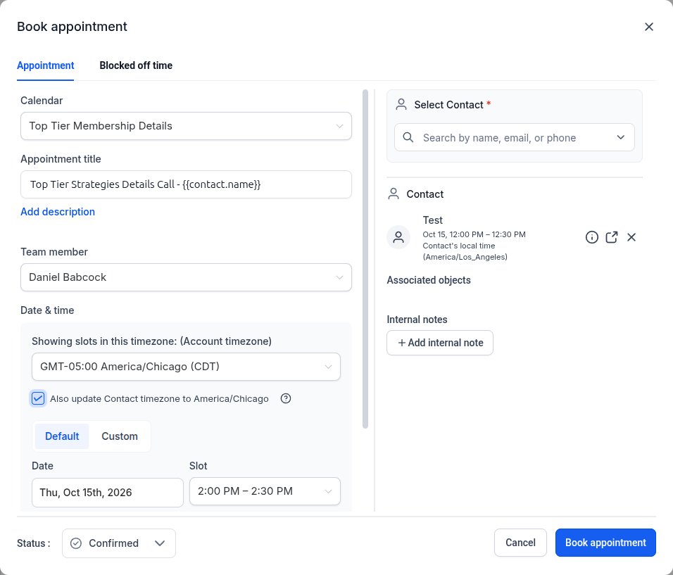 The Book appointment window with Chicago picked and the update checkbox ticked