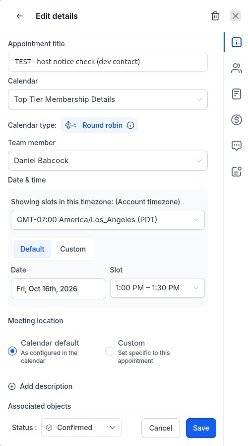 The Edit details panel with the time zone box, date and slot