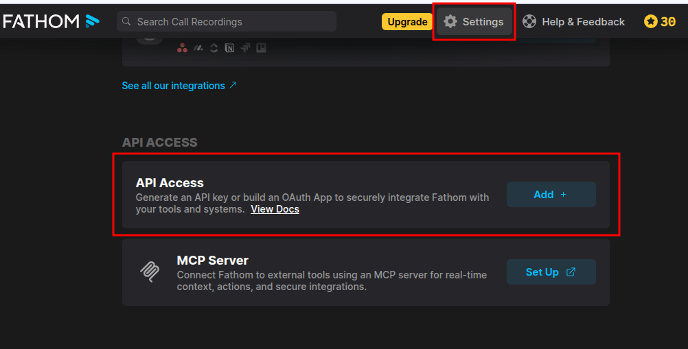 Fathom settings page with the API Access card and its Add button