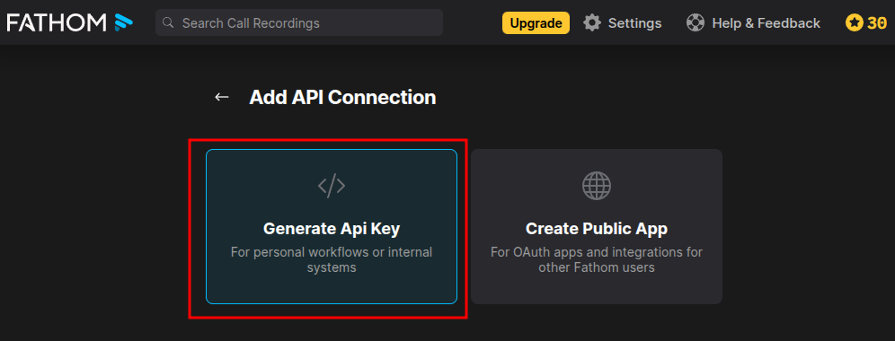 Add API Connection screen with Generate Api Key on the left and Create Public App on the right