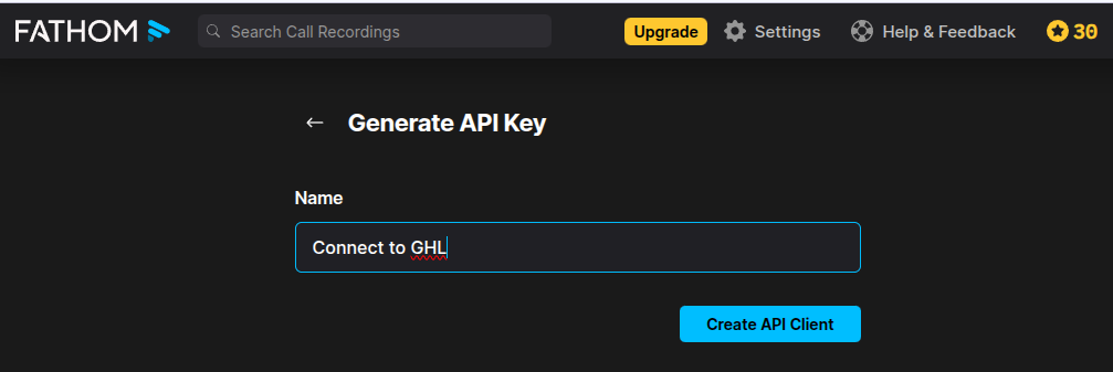 Generate API Key screen with a Name box and the Create API Client button