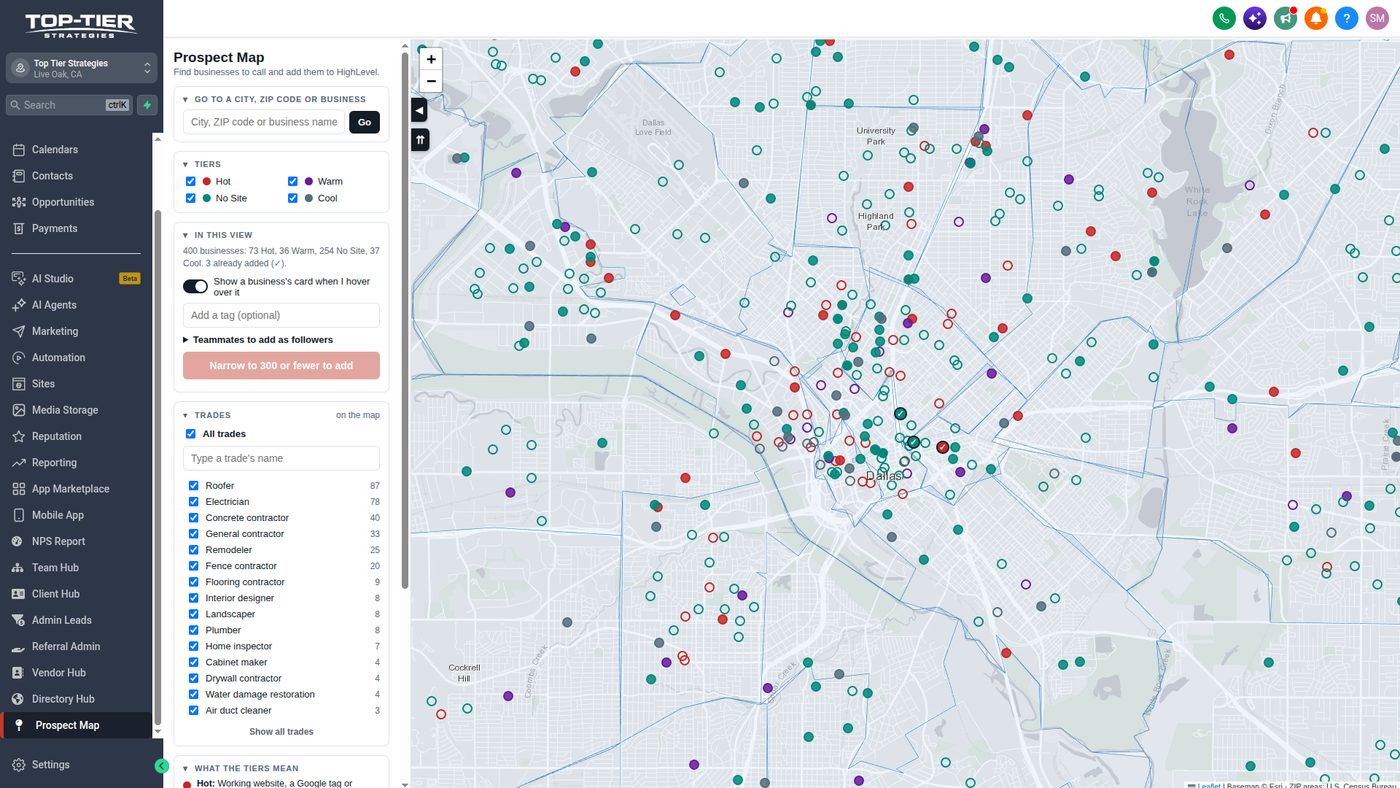 The Prospect Map open in HighLevel on central Dallas