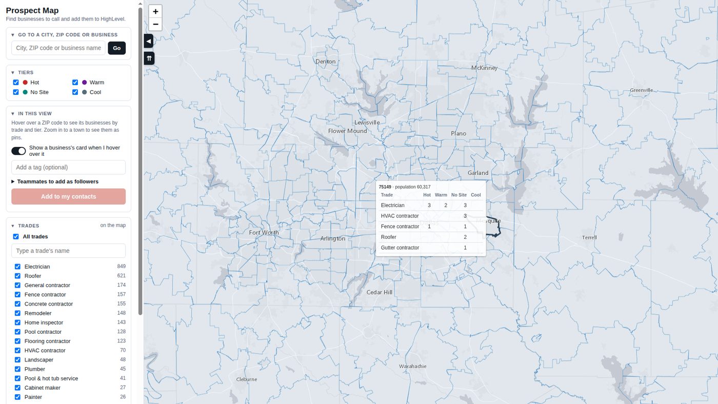 A ZIP code's contractor counts by trade and tier
