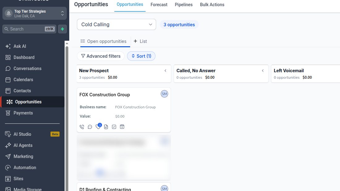 The Cold Calling pipeline in HighLevel
